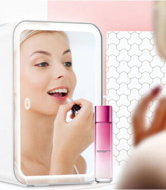 1 Portable 4L Mini Small Cosmetic Refrigerator Beauty Skin Care Makeup Mirror 12v Fridge Pink With Led Light for Bedroom