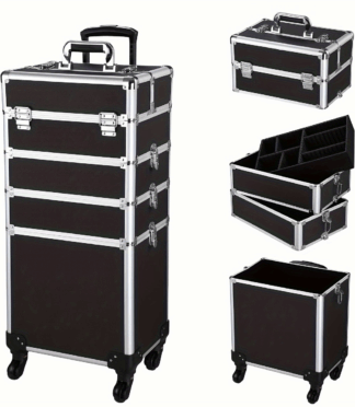 1 box 4in1 Aluminum Makeup Case Cosmetic Trolley Beauty Train Trays Box Portable Makeup Artist Train Case and Ergonomic Handle for Easy Transport and Organization Spacious Aluminum Trolley Cart with Multiple-Sized Compartments, Wheels