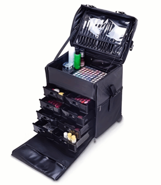 1 case Black Cosmetic Bag Soft Black Rolling Trolley Makeup Case with Free 3 Piece Organizer Trolley Makeup Case