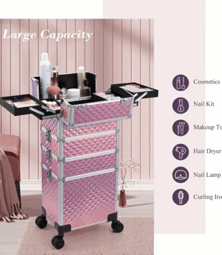 1 bag Rolling Trolley 2 in 1 Travel Cosmetic Cases on Wheels - Nylon Black Bags for Make Up Artist Storage