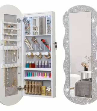 1 Pcs Jewelry Armoire Organizer, LED Jewelry CabinetWall/Door Mounted, Lockable Wavy Mirror With Storage,Crushed Diamonds Mirror Full Length, Door Or Wall MountedMirror With Jewelry Storage Baskets, Bins & Containers