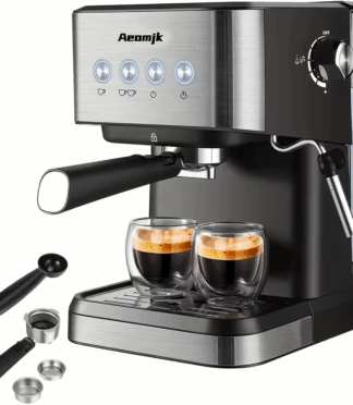 1 Semi-Automatic Espresso Machine with Automatic Piston, 20-Bar/2000psi High Pressure, Built-in Steam Wand, Removable Tank (1.5L Compatible), for Home, Office, Cafe - Espresso, Cappuccino, Latte, Americano - Black/ Stainless Steel Design, Home Barista Equipment, Hightech Coffee Maker