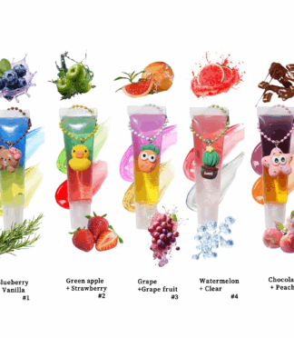 High Quality Vegan Organic Jelly Clear Moisturizing Hydrating Fruit Flavor Keychain Lip Gloss Makeup 5 Colors